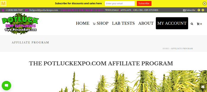 screenshot of the affiliate sign up page for PotluckExpo.com