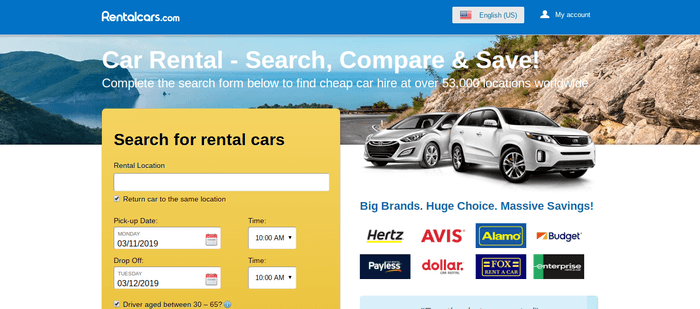 screenshot of the affiliate sign up page for RentalCars.com