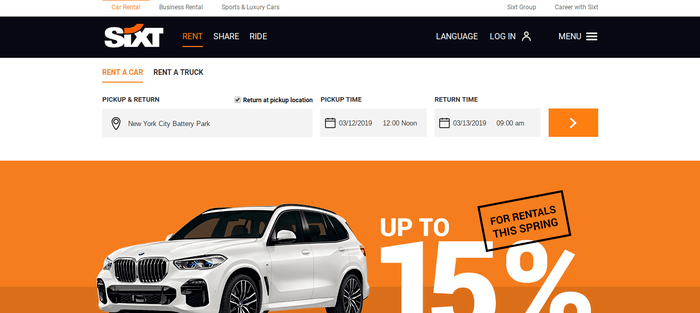 screenshot of the affiliate sign up page for Sixt Car Rental