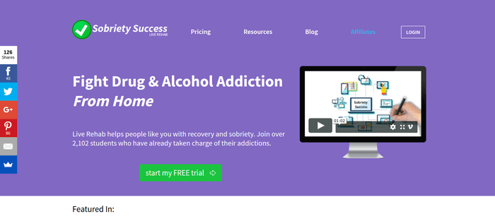 screenshot of the affiliate sign up page for Sobriety Success