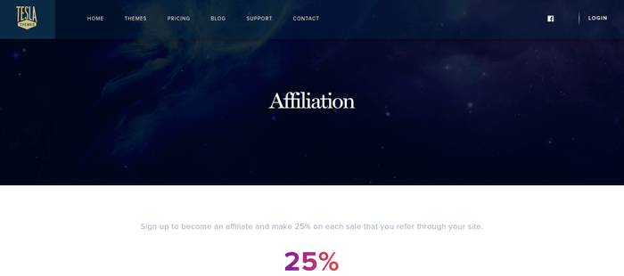 screenshot of the affiliate sign up page for TeslaThemes 