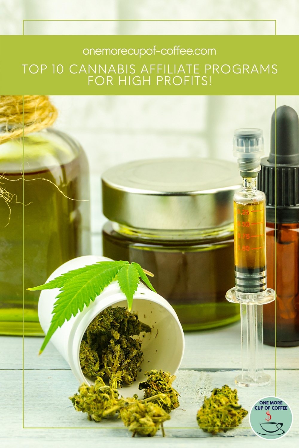 different cannabis products including dried marijuana, cannabis oils, and fresh cannabis leaf; with text overlay "Top 10 Cannabis Affiliate Programs For High Profits"