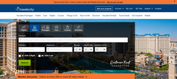 screenshot of the affiliate sign up page for Travelocity