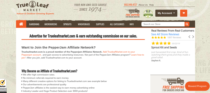 screenshot of the affiliate sign up page for Trueleafmarket.com