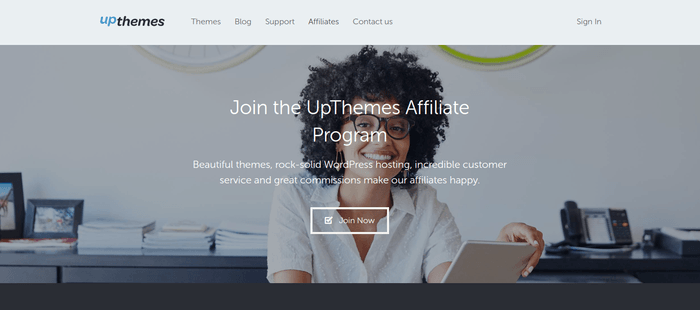 screenshot of the affiliate sign up page for UpThemes