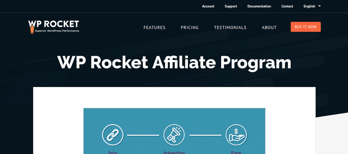 screenshot of the affiliate sign up page for WP Rocket