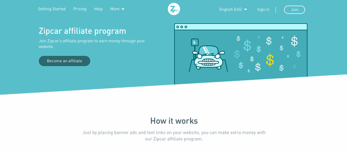 screenshot of the affiliate sign up page for Zipcar