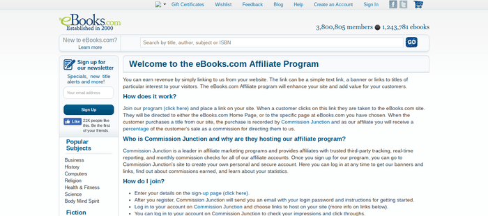 screenshot of the affiliate sign up page for eBooks.com