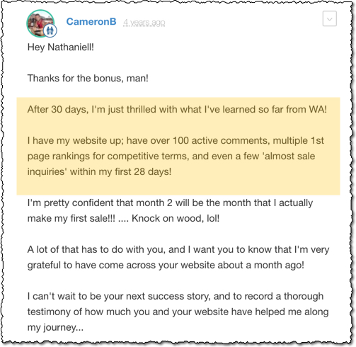 testimonial from wealthy affiliate