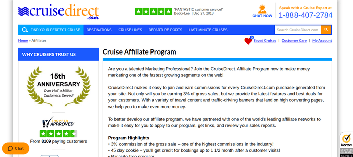 screenshot of the affiliate sign up page for CruiseDirect