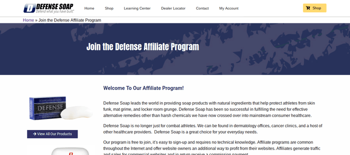 screenshot of the affiliate sign up page for Defense Soap