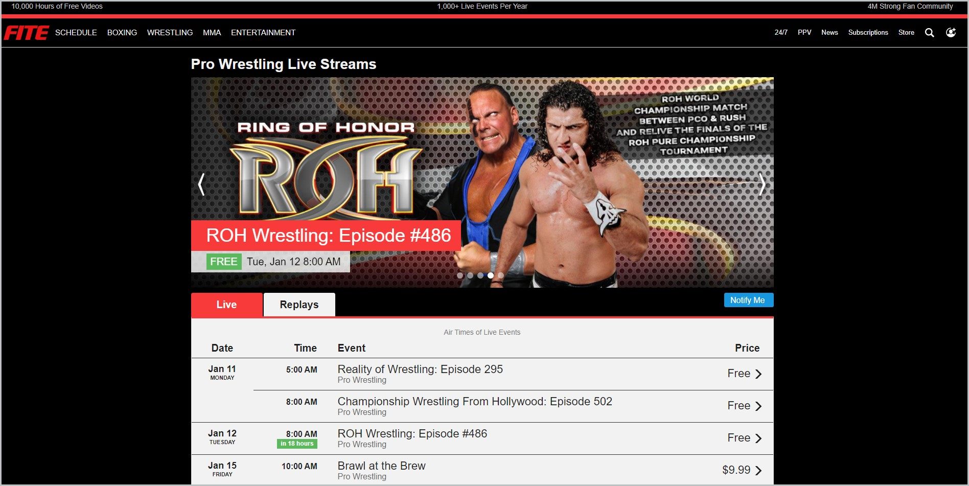 screenshot of FITE wrestling page