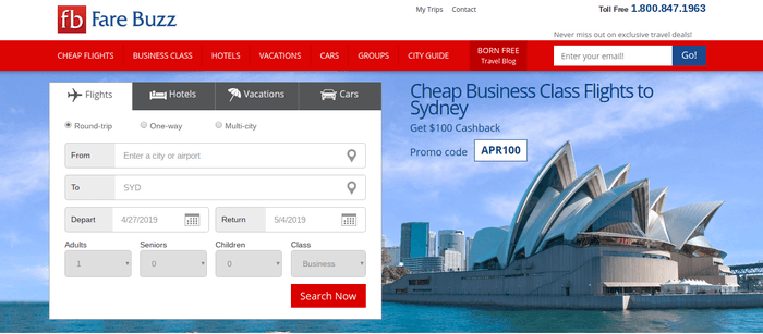 screenshot of the affiliate sign up page for Fare Buzz