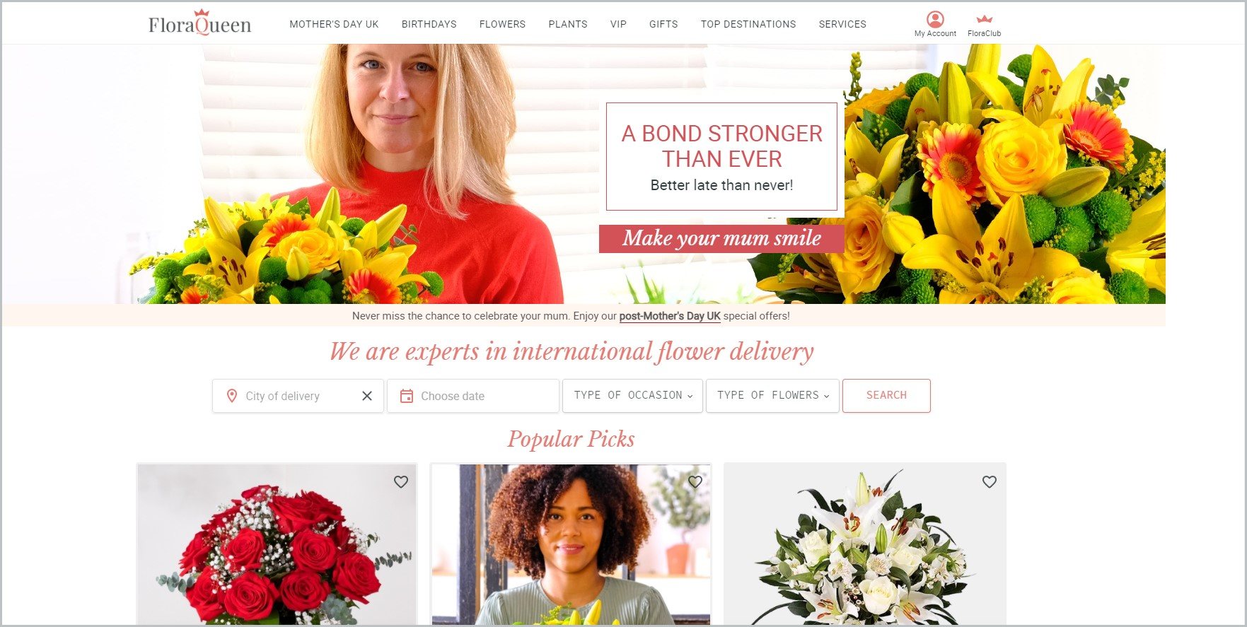 screenshot of FloraQueen homepage with images of woman holding a bouquet of flowers and other flower arrangements