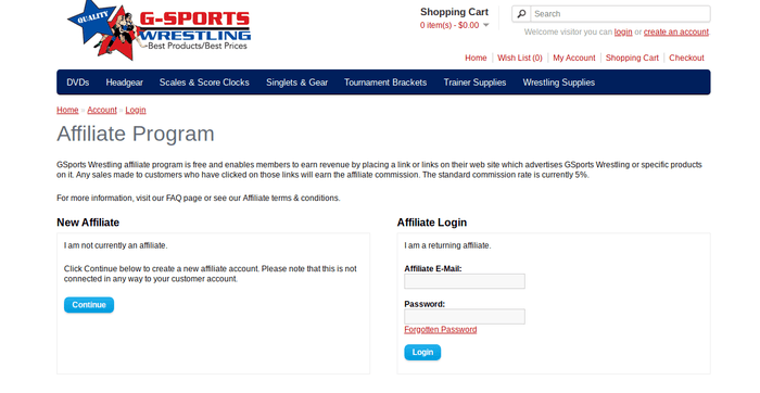 screenshot of the affiliate sign up page for GSports Wrestling