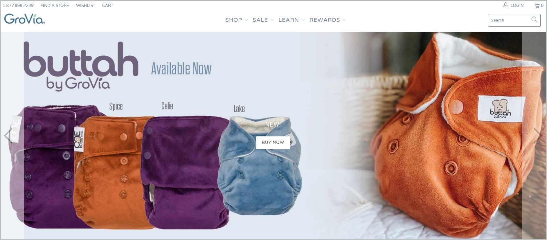 screenshot of GroVia homepage, with white header with the website's name and the main menu, with different colorful diapers as the featured image