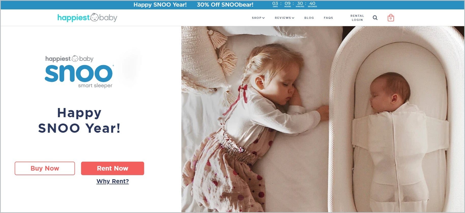 screenshot of Happiest Baby homepage with a sleeping toddler and baby as main featured image, with white header with the website's name and main navigation menu