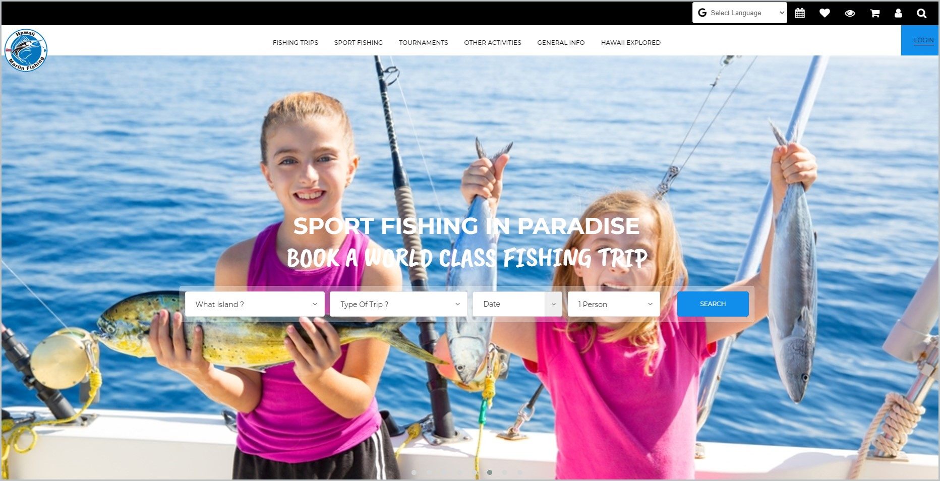 screenshot of Hawaii Marlin Fishing homepage, showing 2 young kids on a boat holding their caught fish as main picture with white header