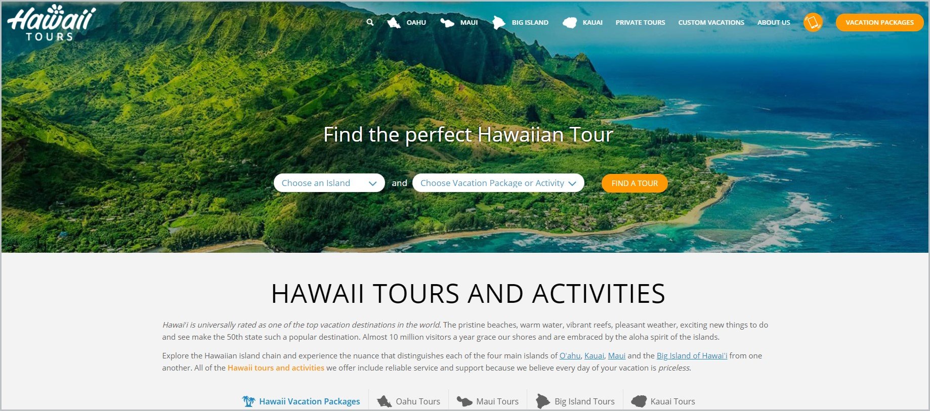 screenshot of Hawaii Tours homepage, with the aerial view of Hawaiian islands