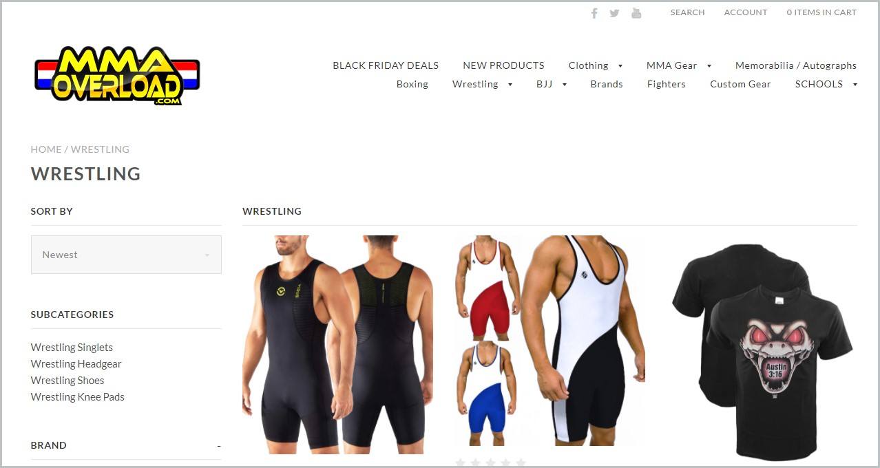 screenshot of MMA Overload wrestling page, with white header with the website's name and main navigation menu with pictures of wrestling clothing products 