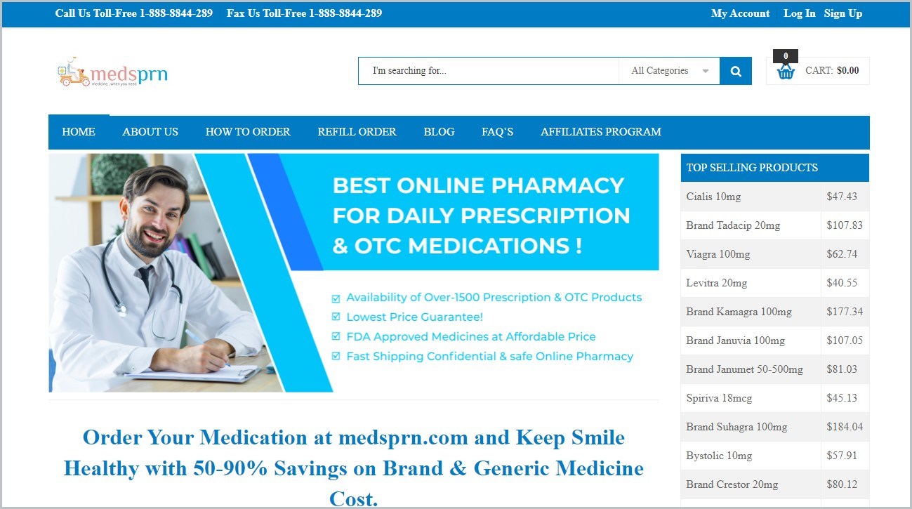 Medsprncom screenshot of Medsprn.com homepage with white header with the website's name and blue main navigation bar with the navigation menu, with main picture featuring a male doctor in white