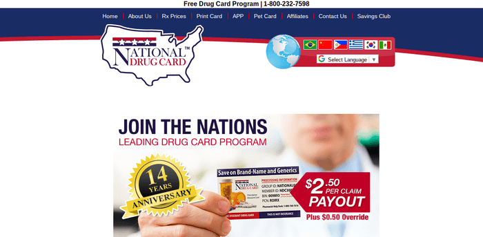 screenshot of the affiliate sign up page for National Drug Card