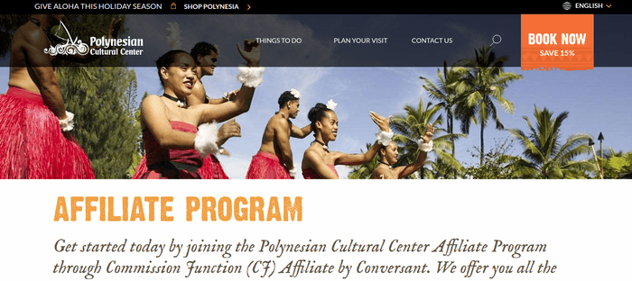 screenshot of the affiliate sign up page for Polynesian Cultural Center