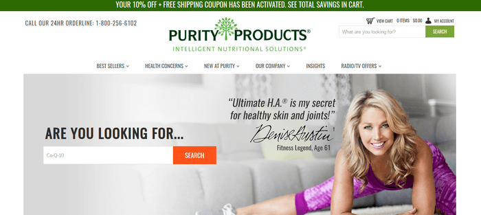 screenshot of the affiliate sign up page for Purity Products