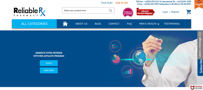 screenshot of the affiliate sign up page for ReliableRxPharmacy