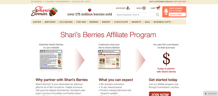 screenshot of the affiliate sign up page for Shari’s Berries