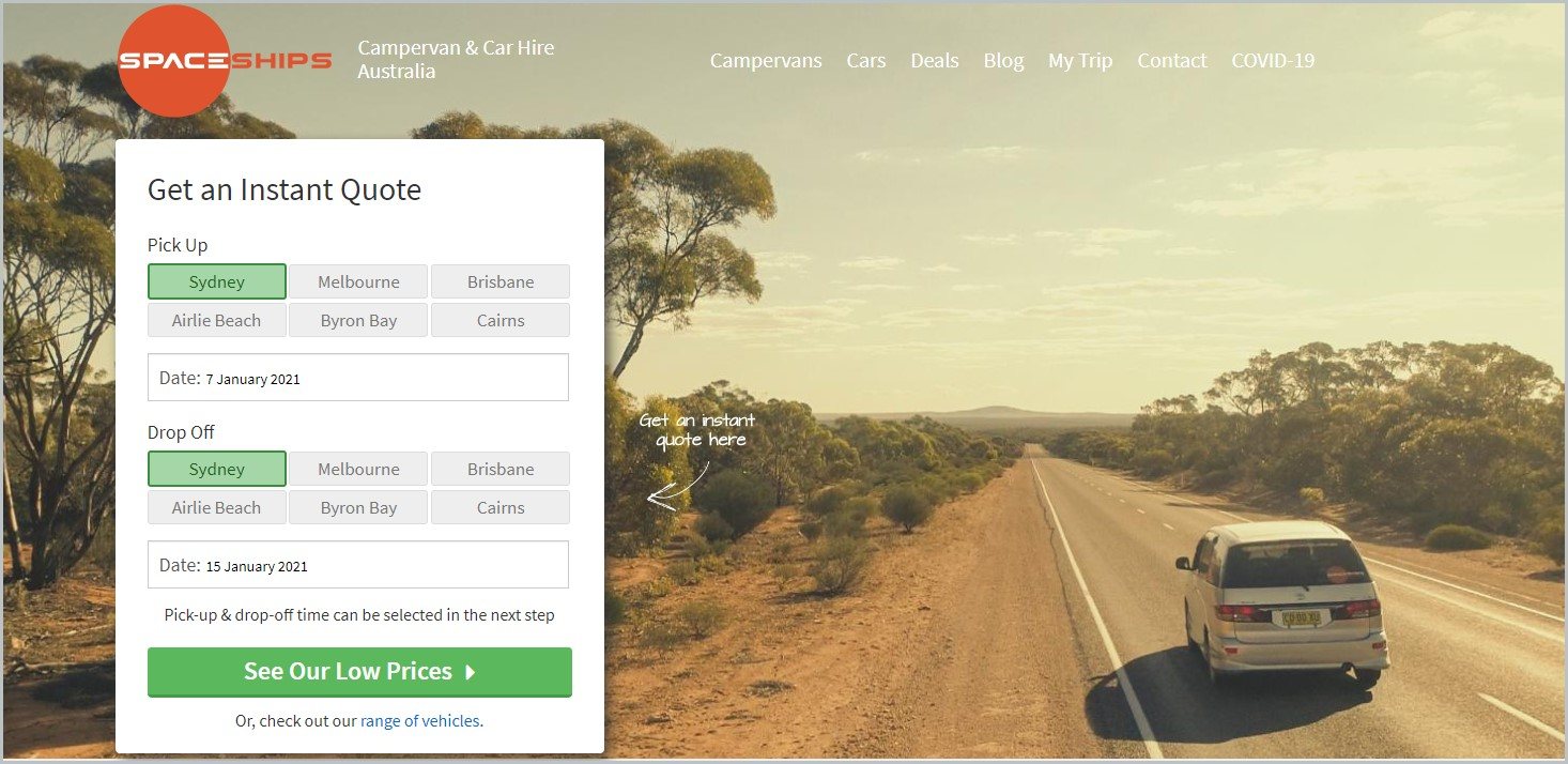 screenshot of Spaceships Rentals homepage, with picture of the Australian outback for main picture with a table for getting a quotation