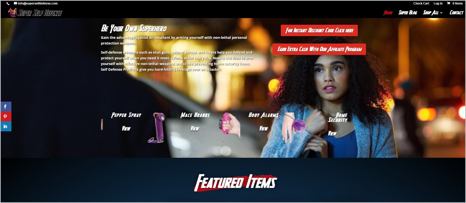 screenshot of Super Self Defense homepage, with black header with the website's name and main navigation menu, with a picture of a woman on a street holding on to her bag looking straight ahead