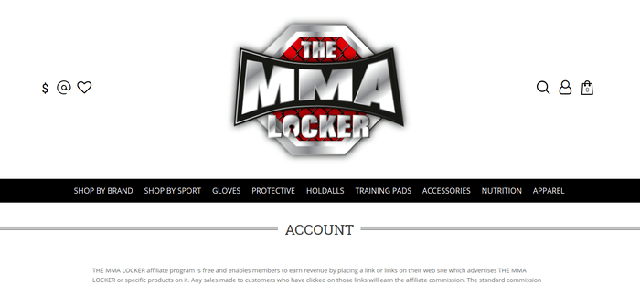 screenshot of the affiliate sign up page for The MMA Locker