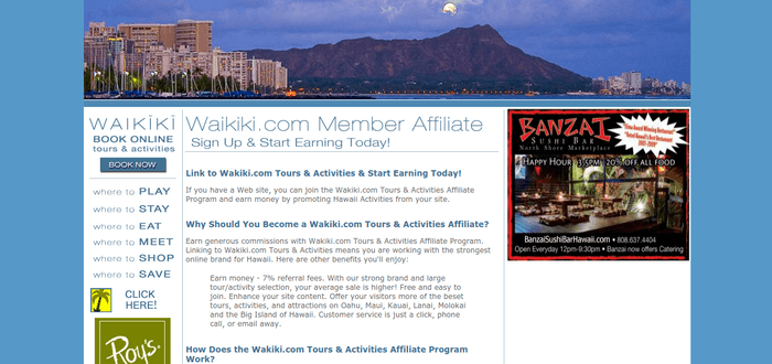 screenshot of the affiliate sign up page for Waikiki.com