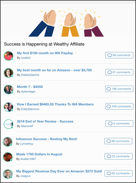 screenshot list of success stories from Wealthy Affiliate including exact earnings or general "success" announcements