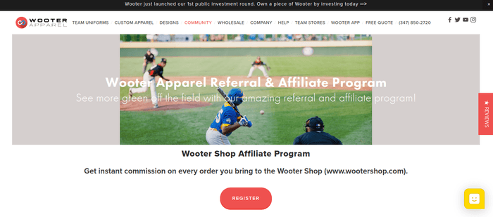 screenshot of the affiliate sign up page for Wooter Apparel