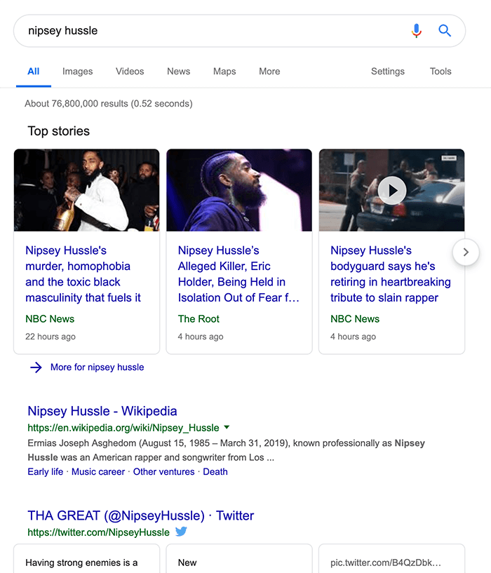 Breaking news example SERP