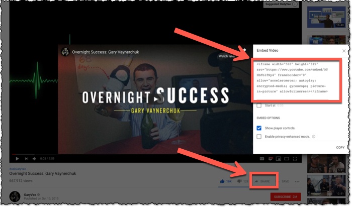 screenshot of youtube video embed link and code