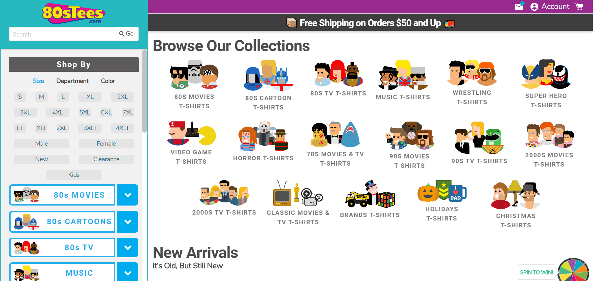 This screenshot from 80s Tees shows fun icons that shoppers can use to filter their searches for tee shirts inspired by the 1980s.