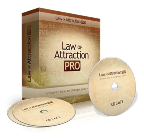 This picture shows a set of CDs containing the Law of Attraction Pro course.