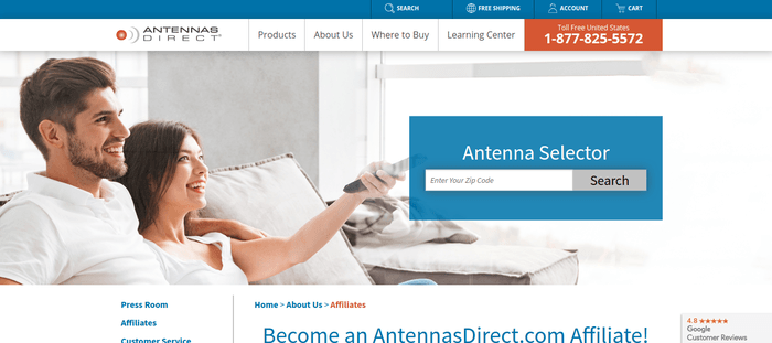 screenshot of the affiliate sign up page for Antennas Direct