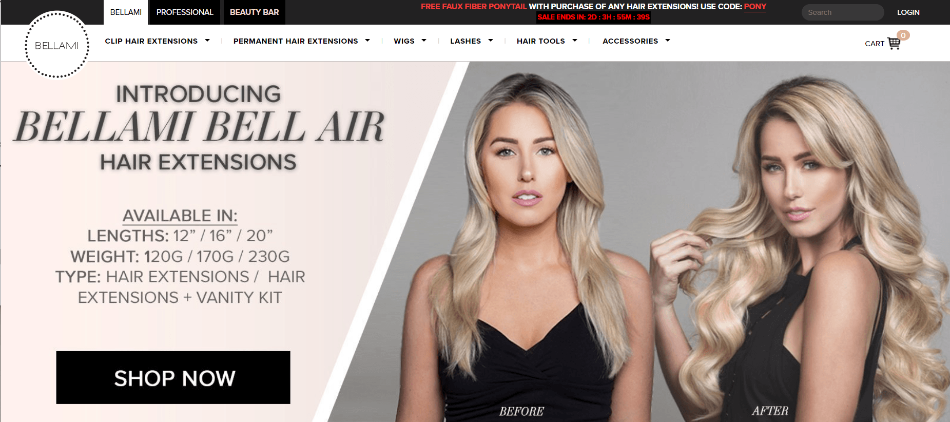 This screenshot from the Bellami Hair website shows before and after images of a woman with hair extensions.