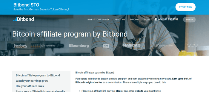 screenshot of the affiliate sign up page for Bitbond