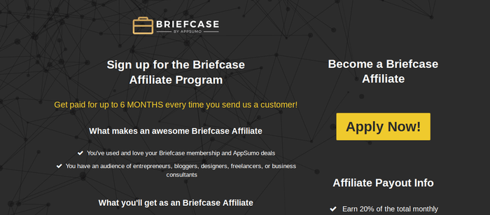 screenshot of the affiliate sign up page for BriefcaseHQ