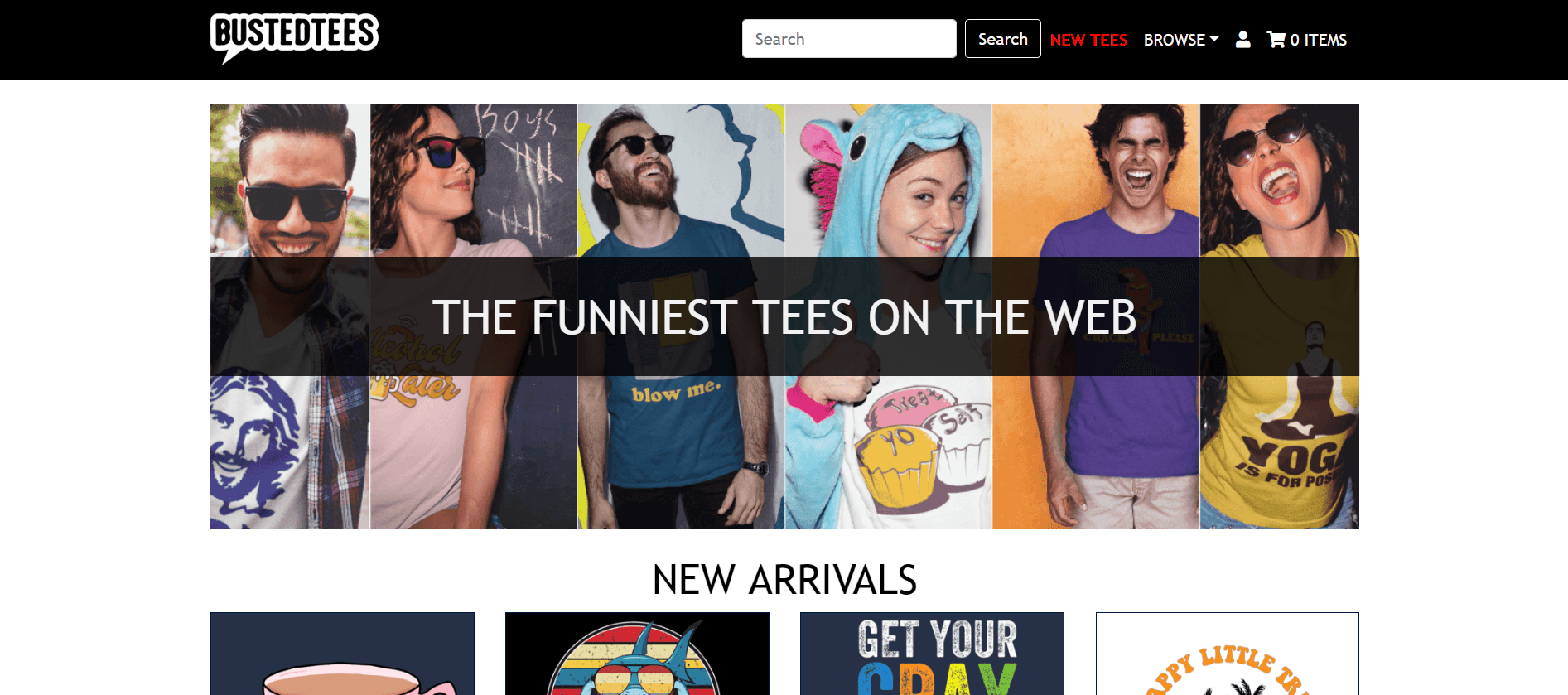 This screenshot from Busted Tees shows a few people wearing humorous tee shirt designs