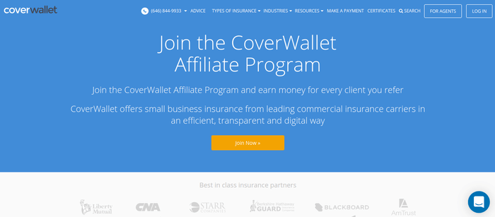 screenshot of the affiliate sign up page for CoverWallet