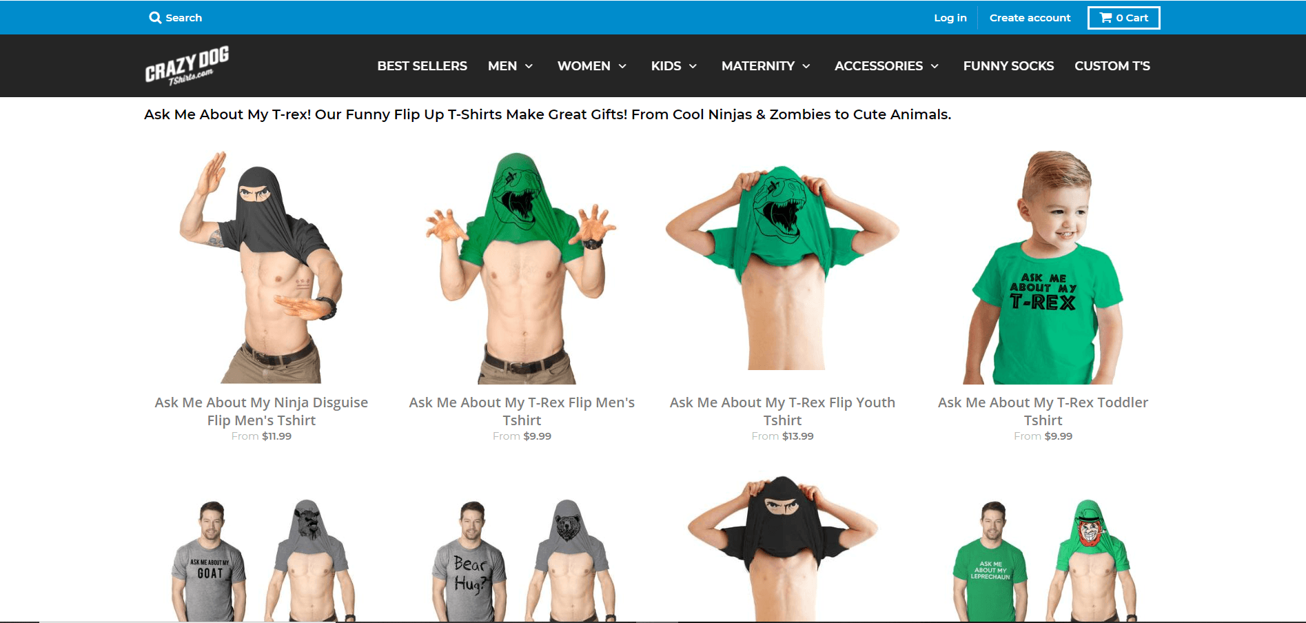 This screenshot from Crazy Dog Tee Shirts shows some of the company's unique flip-up tee shirts.