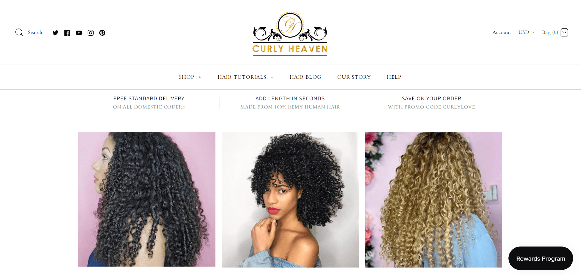 This screenshot from Curly Heaven shows headshots of three different women with varying lengths and colors of curly hair extensions.