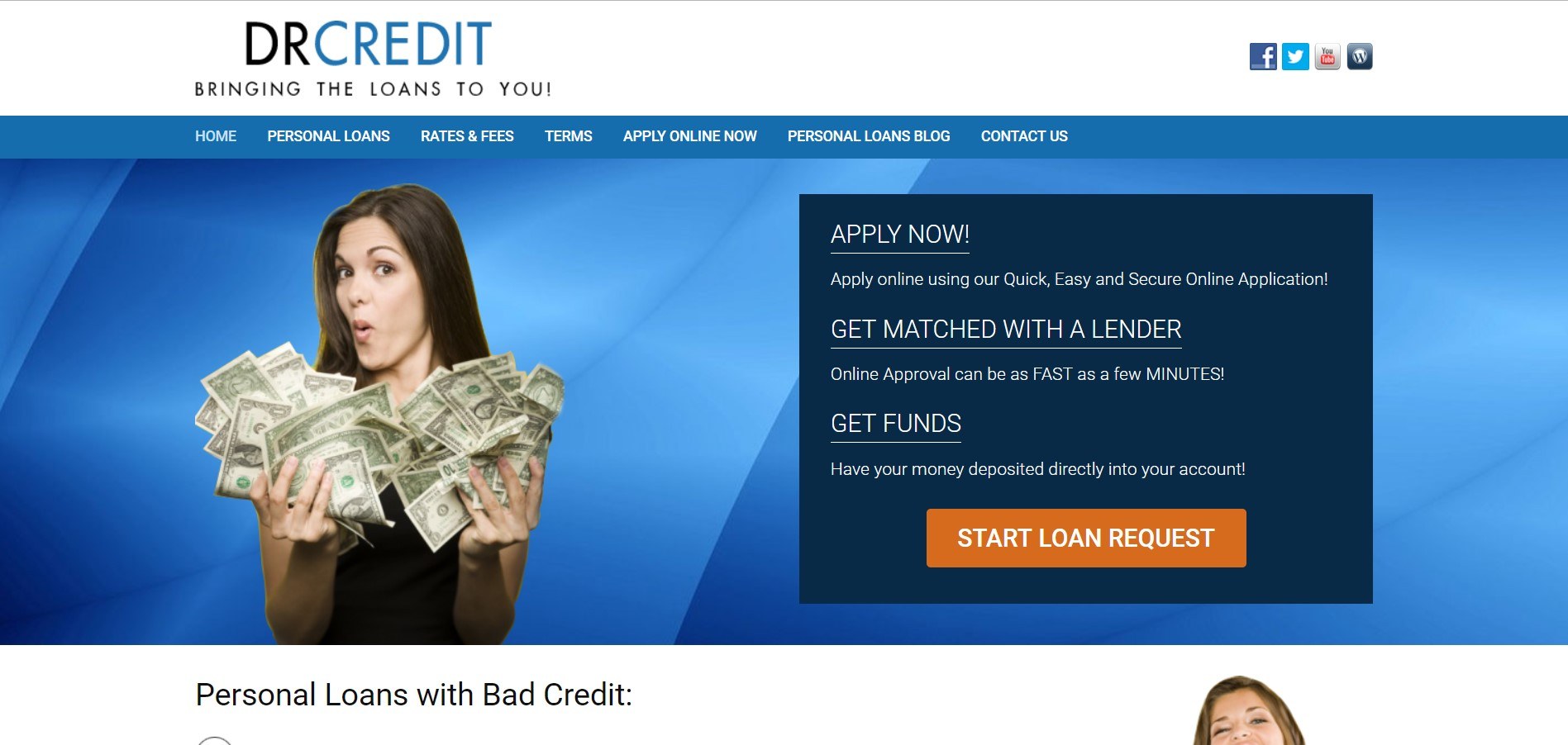 this screenshot has a blue background, a dark blue text box with an orange call to action button, and the image of a woman holding cash in both hands.