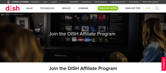 screenshot of the affiliate sign up page for Dish Network